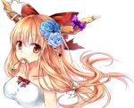  1girl bare_shoulders blush bow breasts brown_eyes brown_hair flower gyaza hair_bow hair_flower hair_in_mouth hair_ornament horns ibuki_suika jewelry long_hair looking_at_viewer simple_background solo touhou white_background 