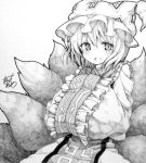  1girl bust clown_222 fox_tail frills hands_in_sleeves hat looking_at_viewer millipen_(medium) monochrome multiple_tails open_mouth short_hair solo tail touhou traditional_media wide_sleeves yakumo_ran 