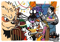  apron aqua_eyes arcanine black_eyes black_hair blonde_hair blue_apron border bowl bread bright_pupils brown_hair chair cherry closed_eyes clothes_grab collared_shirt commentary cup curtains delibird drink drinking_glass english_commentary facial_hair fangs floating food fruit fruit_bowl gothitelle grabbing_another's_sleeve grey_hoodie grin hair_over_shoulder highres holding holding_food holding_fruit holding_plate hood hood_down hoodie indoors long_hair long_sleeves multiple_boys multiple_girls official_artist_extra open_mouth orange_(fruit) orange_hair osare_graffiti perrserker plate pokemon pokemon_(creature) ponytail sharp_teeth shirt short_hair shuppet signature sitting smile table teeth white_border white_pupils white_shirt window wine_glass 