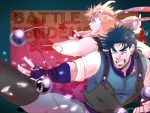  2boys black_hair blonde_hair blue_hair bola_(weapon) caesar_anthonio_zeppeli feathers fingerless_gloves gloves hair_feathers headband jojo_no_kimyou_na_bouken joseph_joestar_(young) kicking motsutei multiple_boys suspenders 