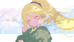  1girl ^_^ blonde_hair blush closed_eyes commentary copyright_name dated facing_viewer green_jacket grin highres jacket letterboxed long_hair long_sleeves magia_record:_mahou_shoujo_madoka_magica_gaiden mahou_shoujo_madoka_magica outside_border ponytail serizawa_serizane smile solo togame_momoko translation_request twitter_username upper_body watermark wispy_bangs 