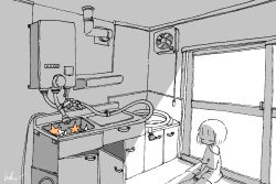  1girl absurdres closed_eyes greyscale highres hose indoors kaduise monochrome on_floor original short_hair signature single_off_shoulder sink sitting solo spot_color star_(symbol) water_heater 