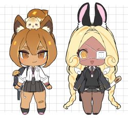  2girls :d @_@ absurdly_long_hair animal_charm animal_ear_fluff animal_ear_hairband animal_ears animal_on_head ankle_socks arms_at_sides backpack bag bandaid bandaid_on_knee bandaid_on_leg bare_legs bike_shorts bike_shorts_under_skirt black_bag black_hairband black_necktie black_shoes black_skirt black_socks black_sweater blonde_hair bracelet braid breasts brown_eyes brown_hair brown_hairband brown_pantyhose buttons cat_ear_hairband cat_ears center-flap_bangs charm_(object) chibi chibi_only closed_mouth collared_shirt commentary_request cookie_run cookie_run:_ovenbreak croissant_cookie curly_sidelocks dark-skinned_female dark_skin diagonal-striped_clothes diagonal-striped_necktie dog dog_on_head dot_nose double-parted_bangs eyepatch fake_animal_ears food food-themed_hair full_body grid_background hair_between_eyes hair_bun hair_intakes hairband highres holding holding_bag holding_food humanization jewelry korean_commentary lanyard lapels layered_sleeves long_hair long_sleeves looking_at_viewer low_twin_braids medical_eyepatch miniskirt multicolored_hair multiple_girls necktie no_eyebrows ohta_guk_hip on_head one_eye_covered open_mouth orange_eyes orange_hair pantyhose parted_bangs pleated_skirt rabbit_ear_hairband rabbit_ears shirt shirt_tucked_in shoes short_hair sidelocks simple_background single_hair_bun skirt small_breasts smile socks standing straight-on streaked_hair striped_clothes sweater tareme thick_eyebrows thick_thighs thighs timekeeper_cookie triangle_mouth tsurime twin_braids two-tone_hair very_long_hair white_background white_shirt white_shoes white_wings wide_hips wings 