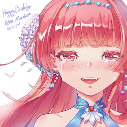  1girl :d absurdres alternate_hairstyle artist_name blue_dress blunt_bangs blush character_name chinese_commentary collarbone colored_eyelashes commentary_request crying crying_with_eyes_open dress earrings eyelashes falling_petals flower furrowed_brow hair_flower hair_ornament happy happy_birthday happy_tears heaven_burns_red highres jewelry long_hair looking_at_viewer mizuhara_aina mizuhara_aina_(deep_blue_affection) nose_blush official_alternate_costume open_mouth pearl_hair_ornament petals pink_eyes pink_hair portrait sail_678 simple_background sleeveless sleeveless_dress smile solo tears teeth thick_eyebrows upper_teeth_only white_background white_flower 