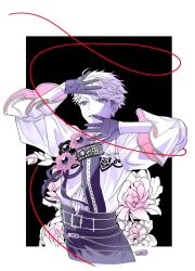  1boy arm_up commentary_request cropped_torso earrings ensemble_stars! flower fragrance_(ensemble_stars!) gloves hand_up highres jewelry long_sleeves male_focus narukami_arashi official_alternate_costume open_hands ori_(0pera0u0) parted_lips partially_colored red_flower short_hair solo string string_of_fate very_short_hair violet_eyes 