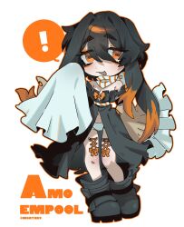  ! 1girl black_boots black_dress black_hair boots bow bowtie breasts character_name chibi colored_tips corset_piercing dress eyeliner gachiakuta highres long_hair long_sleeves makeup messy_hair multicolored_hair ny_000a orange_bow orange_bowtie orange_eyeliner orange_eyes orange_scarf oversized_shoes panties rectangular_pupils scarf small_breasts smile speech_bubble striped_clothes striped_scarf twitter_username underwear white_panties white_scarf white_sleeves 