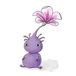  antennae commentary_request creature creature_focus flower flower_on_head full_body highres meme_(pixiv_25352001) moire no_humans pikmin_(creature) pikmin_(series) pikmin_bloom pink_flower purple_pikmin shadow simple_background sitting sitting_split solid_circle_pupils solo split white_background 