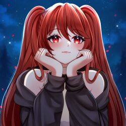  1girl bare_shoulders black_jacket blush close-up closed_mouth commission facing_viewer fiverr_commission from_below hair_between_eyes halter_shirt halterneck hands_on_own_face head_on_hands head_rest highres indie_virtual_youtuber jacket jacket_partially_removed light_smile long_hair marryofblood night petals red_eyes red_hair rizuchi rose_petals second-party_source sidelocks sky solo star_(sky) starry_sky two_side_up virtual_youtuber 