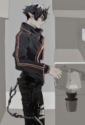  1boy arknights bishounen black_hair black_jacket black_pants chimi_(s8s8_bb) coffee_pot commentary_request cup demon_boy demon_tail flamebringer_(arknights) from_side hair_between_eyes highres holding holding_teapot horns infection_monitor_(arknights) jacket kettle kitchen long_sleeves male_focus pants pointy_ears profile sheath sheathed short_hair sink solo tail teapot 