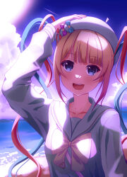  1girl :d beach blonde_hair blue_eyes blue_hair blue_sailor_collar btuddojukd3930d chest_bow chouzetsusaikawa_tenshi-chan clouds cloudy_sky commentary_request cubism_(needy_girl_overdose) grin hand_on_own_hat hand_up head_tilt highres needy_girl_overdose outdoors pink_hair quad_tails sailor_collar shooting_star sky smile solo upper_body 