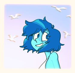  1989_(taylor_swift) 1girl album_cover_redraw alternate_costume bird blue_eyes blue_hair blue_skin bob_cut colored_skin derivative_work discount-supervillain gem_(steven_universe) grin lapis_lazuli_(steven_universe) short_hair smile solo steven_universe upper_body 