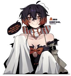  1girl absurdres arm_belt black_dress black_hair bow bowtie breasts character_name colored_tips commentary corset_piercing dress english_commentary english_text eyeliner fang gachiakuta highres long_hair long_sleeves makeup medium_breasts messy_hair multicolored_hair ny_000a orange_bow orange_bowtie orange_eyeliner orange_eyes orange_scarf rectangular_pupils scarf short_hair skin_fang smile speech_bubble striped_clothes striped_scarf twitter_username white_scarf white_sleeves 