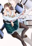  1girl bad_id bad_pixiv_id bare_shoulders boots brown_hair detached_sleeves hairband hiei_(kancolle) highres japanese_clothes kaili kantai_collection nontraditional_miko pantyhose pleated_skirt ribbon-trimmed_sleeves ribbon_trim skirt solo thigh_boots thighhighs wide_sleeves 