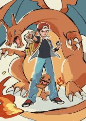  1boy baseball_cap black_shoes charizard charmander denim fire hat highres holding holding_poke_ball jeans lizard pants pointing pointing_at_viewer poke_ball poke_ball_(basic) pokemon pokemon_(creature) red_(pokemon) rikoicoico shoes simple_background white_background 