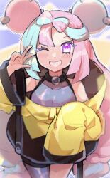  1girl bow-shaped_hair character_hair_ornament chiimako commentary_request grey_pantyhose hair_ornament hashtag-only_commentary hexagon_print iono_(pokemon) jacket long_hair long_sleeves low-tied_long_hair multicolored_hair one_eye_closed oversized_clothes pantyhose pokemon pokemon_sv sharp_teeth single_leg_pantyhose sleeves_past_fingers sleeves_past_wrists smile solo split-color_hair star_(symbol) star_in_eye symbol_in_eye teeth x_(symbol) yellow_jacket 