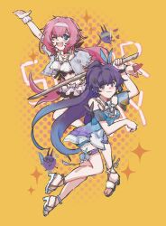  2girls arm_up bikini bikini_skirt bilizinger blue_eyes blue_jacket blue_shirt breasts chinese_commentary closed_mouth commentary_request elysia_(honkai_impact) elysia_(miss_pink_elf)_(honkai_impact) elysia_(summer_miss_elf)_(honkai_impact) food fruit high_heel_sandals highres holding holding_sword holding_weapon honkai_(series) honkai_impact_3rd jacket long_hair looking_at_viewer medium_breasts multiple_girls official_alternate_costume one_eye_closed open_mouth orange_background pink_hair ponytail purple_hair raiden_mei raiden_mei_(aqua_chime) raiden_mei_(lightning_empress) sandals shirt skirt smile swimsuit sword violet_eyes watermelon weapon white_bikini white_skirt wooden_sword 