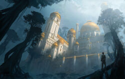  1boy absurdres artist_name brown_hair brown_pants brown_shirt clouds cloudy_sky commentary dagger dome english_commentary from_behind highres holding holding_dagger holding_knife holding_weapon jungle knife landscape nature original outdoors painterly palace pants pillar plant_roots raja_nandepu scenery shirt sky sunlight tower tree weapon 