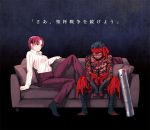  1boy 1girl avenger bazett_fraga_mcremitz black_hair couch dark_skin fate/hollow_ataraxia fate_(series) full_body_tattoo pink_hair purple_hair tam_(cuq) tattoo 