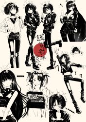  4girls artist_name blue_archive boots box calligraphy_brush collage commentary_request coralreef966 crop_top demon_horns drawing_on_another's_face fuuka_(blue_archive) fuuka_(new_year)_(blue_archive) hagoita hair_on_horn halo hane_(hanetsuki) hanetsuki highres holding holding_box holding_paddle hood hoodie horns ink_on_face jacket japanese_clothes juubako kimono long_hair mask mask_pull midriff misaki_(blue_archive) monochrome mouth_mask multiple_girls new_year open_mouth osechi paddle paintbrush pants pantyhose partially_colored rio_(blue_archive) saori_(blue_archive) sepia shirt short_hair sketch skirt surgical_mask thigh_strap torn_clothes torn_pants translation_request turtleneck turtleneck_shirt undershirt 