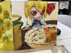  1girl ascot blonde_hair blue_vest closed_mouth commentary english_commentary food food_request fork fumo_(doll) hair_ribbon haokeai_888 highres long_sleeves painting_(medium) photo_(medium) red_ascot red_ribbon ribbon rumia shirt short_hair smile solo touhou traditional_media upper_body vest white_shirt 