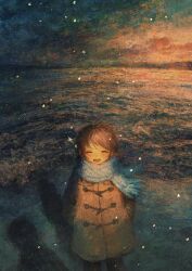  1girl :d ^_^ absurdres ahoge beach blue_sky blush brown_coat brown_hair closed_eyes coat commentary_request english_commentary evening from_above gradient_sky hands_in_pockets happy highres horizon omocheese orange_sky original painterly pov_shadow scarf scenery short_hair sky smile snowflakes standing star_(symbol) swept_bangs water white_scarf winter_clothes winter_coat 