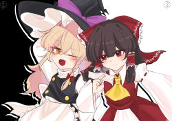  2girls absurdres apron arm_up ascot between_fingers black_hat black_skirt black_vest blonde_hair blush bow braid brown_hair closed_mouth commentary_request detached_sleeves frilled_bow frilled_hair_tubes frills hair_bow hair_tubes hakurei_reimu hat hat_bow highres holding holding_ofuda kirisame_marisa long_hair multiple_girls naitooo_45 ofuda ofuda_between_fingers one_eye_closed open_mouth purple_bow red_bow red_eyes red_skirt ribbon-trimmed_sleeves ribbon_trim side_braid single_braid skirt skirt_set smile touhou vest white_apron witch_hat yellow_ascot yellow_eyes yin_yang 