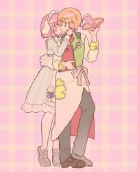  1boy 1girl 6_utotsumi absurdres blonde_hair cup full_body glass hand_on_another's_face hand_up hetero highres kiss lapels long_sleeves maid_headdress official_alternate_costume one_eye_closed ootori_emu pants peaked_lapels pink_hair project_sekai protected_link shoes short_hair standing tenma_tsukasa tiptoe_kiss tiptoes tray umbrella 