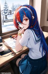  1girl absurdres alternate_costume black_thighhighs blue_eyes blue_hair blue_skirt bracelet braid breasts cellphone commentary contemporary crossed_bangs crown_braid cup desk earphones earphones female_alear_(fire_emblem) fire_emblem fire_emblem_engage food food_in_mouth from_behind hair_between_eyes hairband heterochromia highres holding holding_pen jewelry long_hair looking_at_viewer medium_breasts mouth_hold multicolored_hair notebook pen phone pocky pocky_in_mouth red_eyes red_hair ryo-suzuki sailor_collar sailor_shirt saucer school_uniform shirt short_sleeves sitting skirt smartphone snow solo split-color_hair teacher thigh-highs tree two-tone_hair white_sailor_collar white_shirt window 