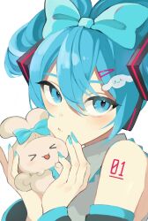  1girl a_tea_gohan aqua_trim black_sleeves blue_bow blue_eyes blue_nails blue_necktie blush bow cinnamiku cinnamoroll creature double_bun fuwa_fuwa_cinnamoroll grey_shirt hair_between_eyes hair_bow hair_bun hair_ornament hairclip hatsune_miku highres holding holding_creature long_sleeves looking_at_viewer necktie number_tattoo sanrio shirt simple_background single_bare_shoulder solo tattoo updo upper_body white_background 