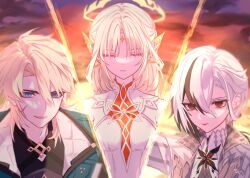  1boy 2girls arlecchino_(genshin_impact) black_eyes black_hair black_shirt blonde_hair blue_eyes closed_eyes closed_mouth coat commentary_request cross_scar dress facial_mark forehead_mark genshin_impact hair_between_eyes halo highres long_hair looking_at_viewer multicolored_hair multiple_girls nicole_reeyn open_mouth pointy_ears red_pupils scar scar_on_cheek scar_on_face scene_reference shirt smile sp_z51 streaked_hair symbol-shaped_pupils varka_(genshin_impact) white_dress white_hair x-shaped_pupils 