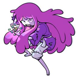  1girl adventure_time barefoot candy colored_skin discount-supervillain dougi food jelly_bean long_hair official_style open_mouth pink_hair pink_skin princess_bonnibel_bubblegum solo toon_(style) very_long_hair 
