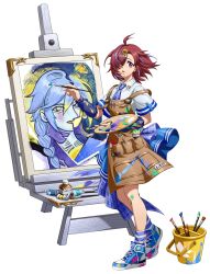  1girl ahoge apron art_brush artist_painter blue_necktie blue_skirt breasts brown_hair bucket canvas_(object) collared_shirt conny_(langrisser) dress_shirt easel floating_clothes floating_hair flower_hairclip full_body game_cg hair_ornament hair_over_one_eye hairclip heel_up highres holding holding_brush holding_paint_palette holding_paintbrush joa_(langrisser) langrisser langrisser_mobile langrisser_re:incarnation legs looking_at_viewer lower_teeth_only medium_hair messy_hair multicolored_hair necktie official_alternate_costume official_art open_mouth paint paint_on_body paint_on_clothes paint_palette paint_splatter paint_stains paint_tube paintbrush painting_(action) painting_(object) plaid_clothes plaid_necktie plaid_skirt purple_hair shirt shoes short_sleeves simple_background skirt small_breasts sneakers socks solo standing streaked_hair striped_clothes striped_socks tachi-e teeth third-party_source transparent_background violet_eyes white_shirt 