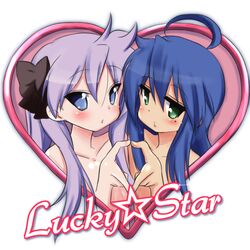  bare_shoulders blue_eyes blue_hair green_eyes heart heart_hands heart_hands_duo hiiragi_kagami izumi_konata long_hair lucky_star mizushima_(p201112) purple_hair twintails 