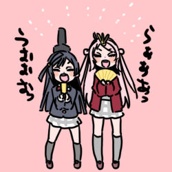  2girls :d black_jacket brown_shoes cardigan commentary_request folded_fan folding_fan grey_skirt grey_socks hand_fan holding holding_fan jacket kneehighs long_hair love_live! love_live!_nijigasaki_high_school_idol_club miniskirt multiple_girls neck_ribbon nijigasaki_school_uniform open_cardigan open_clothes open_mouth pink_background pink_hair pleated_skirt red_cardigan red_ribbon ribbon school_uniform shinanoya_(satanicad) shoes simple_background skirt smile socks translation_request two_side_up wings yuki_setsuna zhong_lanzhu 