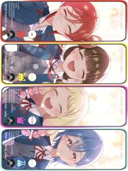  4girls :d ^_^ blonde_hair blue_jacket bow braid brown_hair center-flap_bangs character_logo character_name closed_eyes closed_mouth collared_shirt column_lineup commentary_request dress facing_viewer gradient_hair grey_dress grin hair_bow hair_bun hair_ribbon hashtag highres jacket liella!_second_generation long_hair long_sleeves looking_at_viewer love_live! love_live!_superstar!! low_twin_braids low_twintails multicolored_hair multiple_girls nanase_itsuki neck_ribbon onitsuka_natsumi open_clothes open_jacket open_mouth orange_eyes pinafore_dress pink_hair red_hair red_ribbon ribbon sakurakoji_kinako school_uniform shirt short_hair_with_long_locks sideways single_side_bun sleeveless sleeveless_dress smile split_mouth twin_braids twintails upper_body v-shaped_eyebrows wakana_shiki white_bow white_ribbon white_shirt winter_uniform yoneme_mei yuigaoka_school_uniform 