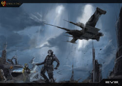  2others absurdres aircraft ambiguous_gender armored_bodysuit attack_ship_(eve_online) battleship_(eve_online) building caldari_state_(eve_online) clouds cloudy_sky combat_helmet commentary copyright_logo copyright_name day dome0802 english_commentary eve_online floating helmet highres holding ishukone_corporation_(eve_online) logo military_vehicle multiple_others outdoors radio_antenna raven_(eve_online) scenery science_fiction sky skyscraper spacecraft sunlight 