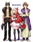  3boys animal_ears basket big_bad_wolf_(cosplay) big_bad_wolf_(grimm) black_legwear brown_hair crossdressinging dress glasses grey_eyes grimm&#039;s_fairy_tales hair_ribbon ichinose777 little_red_riding_hood little_red_riding_hood_(cosplay) little_red_riding_hood_(grimm) male mikado_nagi multiple_boys ootori_eiichi pantyhose pink_hair ribbon short_hair smile sumeragi_kira tail trap uta_no_prince-sama uta_no_prince-sama_maji_love_2000_percent vest wolf_ears wolf_tail yellow_eyes 