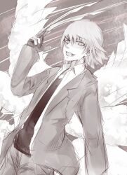  1boy angel_wings collared_shirt commentary_request cowboy_shot dark_matter_(kakine_teitoku) feathered_wings greyscale hair_between_eyes hand_up jacket kakine_teitoku long_sleeves medium_hair monochrome multiple_wings open_clothes open_jacket open_mouth open_shirt shin_(highest1192) shirt solo toaru_majutsu_no_index toaru_majutsu_no_index:_old_testament tweezers v-neck white_shirt white_wings wings 