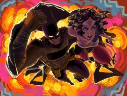  1boy 1girl absolute_batman absolute_dc absolute_wonder_woman back_spikes bat_mask batman batman_(absolute_dc) batman_symbol belt bodysuit cowl dc_comics explosion explosion_background gilded_mascaraline grey_bodysuit highres superhero_costume wonder_woman wonder_woman_(absolute_dc) wonder_woman_(series) 