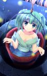  1girl angel_koman bare_shoulders blue_eyes blue_hair breasts bucket cleavage collarbone fireflies grass hair_bobbles hair_ornament highres in_bucket in_container kisume looking_at_viewer night off_shoulder outdoors rope short_hair smile solo touhou twintails water well 