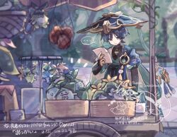  ... 1boy anemo_symbol_(genshin_impact) aqua_gem aqua_kimono aqua_sleeves aranara_(genshin_impact) arm_at_side armor basket bazaar black_bodysuit black_bridal_gauntlets black_hair blue_cape blue_hat blunt_ends bodysuit box bridal_gauntlets bright_pupils cape cart choppy_bangs commentary_request feathers fingernails food fruit furisode gem genshin_impact gold gold_ring gurumin_(gurruguru) hand_up hat holding holding_paper japanese_armor japanese_clothes jingasa juban kimono kote kurokote layered_sleeves male_focus mandarin_collar market_stall middle_ring net notice_lines open_clothes open_kimono outdoors paper parted_lips plant pom_pom_(clothes) scaramouche_(genshin_impact) short_sleeves shoulder_peek side_cape speech_bubble spoken_ellipsis stuffed_toy sumeru_city tassel tile_floor tiles translation_request tsurime vines violet_eyes wanderer_(genshin_impact) watermark white_kimono white_mouth white_pupils white_sleeves white_trim yellow_feathers 
