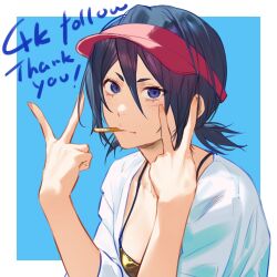  1girl bikini bikini_under_clothes black_hair bleach blue_background blue_eyes blush border closed_mouth collarbone commentary double_v english_text fingernails gold_bikini hair_between_eyes highres ihsekodwww kuchiki_rukia looking_at_viewer milestone_celebration mouth_hold outside_border ponytail shirt short_hair short_ponytail solo swimsuit thank_you untranslatable_commentary v visor_cap white_border white_shirt 