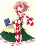  1girl apron bell book checkered hair_bell hair_ornament japanese_clothes looking_back motoori_kosuzu open_mouth pink_eyes redhead sala_mander smile touhou wide_sleeves 