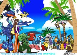  2024 alolan_dugtrio alolan_exeggutor alolan_raichu aqua_eyes arm_up arms_up blonde_hair blue_bag blue_pants blue_sky brown_bag brown_hair clouds commentary day dragonite dress drowzee dugtrio english_commentary eyewear_on_head fangs floating flying golduck green_bag green_shoes grey_hair hand_on_another's_head hat haxorus highres holding holding_strap holding_umbrella lapras long_hair long_neck multiple_heads ocean official_artist_extra open_mouth orange_pants orange_shirt orthworm osare_graffiti outdoors palm_tree pants passimian pelipper pointing pokemon pokemon_world_championships purple_hair purple_tank_top quaquaval raichu red_hat red_shirt riding riding_pokemon rolling_suitcase sand scovillain shirt shoes short_sleeves shuppet signature sky smile socks suitcase tank_top tapu_koko tree umbrella wailord water white_dress white_hat white_shoes white_socks yellow_bag yellow_shirt 