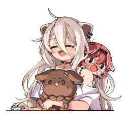  ahoge animal_ears black_nails chibi commentary_request computer_mouse dog_ears fang grey_hair head_wings highres hololive inugami_korone inugami_korone_(dog) lion_ears long_hair mota pink_hair shirt shishiro_botan shishiro_botan_(midnight_convenience_store) takane_lui virtual_youtuber white_background white_shirt wings 