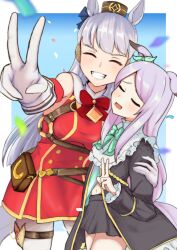  1girl 2girls animal_ears aqua_bow arm_around_shoulder armband black_jacket black_skirt blunt_bangs blush bow bowtie breasts brown_hat coat commentary_request confetti dress ear_bow ear_ribbon facing_viewer frilled_coat frilled_jacket frills gloves gold_ship_(red_strife)_(umamusume) gold_ship_(umamusume) grin hat horse_ears horse_girl horse_tail jacket long_hair long_sleeves mejiro_mcqueen_(frontline_elegance)_(umamusume) mejiro_mcqueen_(umamusume) momami_mo_ma multiple_girls open_mouth pantyhose partial_commentary pillbox_hat pleated_skirt purple_hair red_bow red_bowtie red_dress ribbon skirt sleeveless sleeveless_dress smile striped_armband striped_clothes tail teeth thigh_strap umamusume v white_gloves white_pantyhose 