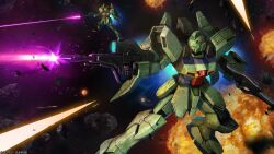  absurdres aiming army asteroid beam_rifle blue_eyes company_name copyright_notice debris dual_wielding earth_federation energy_beam energy_gun firing fleet glowing glowing_eyes gun-ez gun_blastor gundam gundam_battle_operation_2 highres holding holding_weapon mecha mecha_focus mobile_suit muzzle_flash nebula no_humans official_art painting_(medium) promotional_art realistic robot scan science_fiction space star_(sky) sunrise_(company) tenjin_hidetaka thrusters traditional_media victory_gundam war weapon zero_gravity 