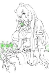  1girl animal_ears armor belt boots breastplate breasts collared_dress cowboy_shot dress drinking elbow_gloves fur-trimmed_gloves fur_trim gloves hand_up high_collar layered_dress lineart long_hair looking_at_viewer medium_breasts metal_arm_cuffs metal_wrist_cuffs neck_ribbon open_collar ouka_ty_yy pinstripe_dress pinstripe_pattern potion raccoon_ears raccoon_girl raccoon_tail raphtalia ribbon short_dress sitting sketch solo spot_color straight_hair tail tate_no_yuusha_no_nariagari thigh_boots two-tone_dress zettai_ryouiki 