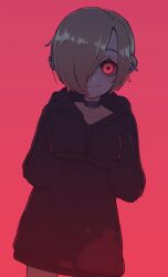  1girl black_collar black_hoodie blonde_hair closed_mouth collar commentary cowboy_shot ear_piercing hair_over_one_eye hands_up highres hood hood_down hoodie idolmaster idolmaster_cinderella_girls k-rha's long_sleeves looking_at_viewer no_pants piercing red_background red_eyes shirasaka_koume short_hair simple_background sleeves_past_fingers sleeves_past_wrists solo standing 