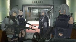 4girls absurdres ak-12 ak-12_(girls'_frontline) ak-15 ak-15_(girls'_frontline) an-94 an-94_(girls'_frontline) artist_name assault_rifle blonde_hair call_of_duty closed_eyes diao_guo_yu elevator_door girls_frontline gun highres kalashnikov_rifle light_machine_gun long_hair looking_at_viewer looking_to_the_side machine_gun multiple_girls rifle rpk-16 rpk-16_(girls'_frontline) short_hair weapon white_hair 